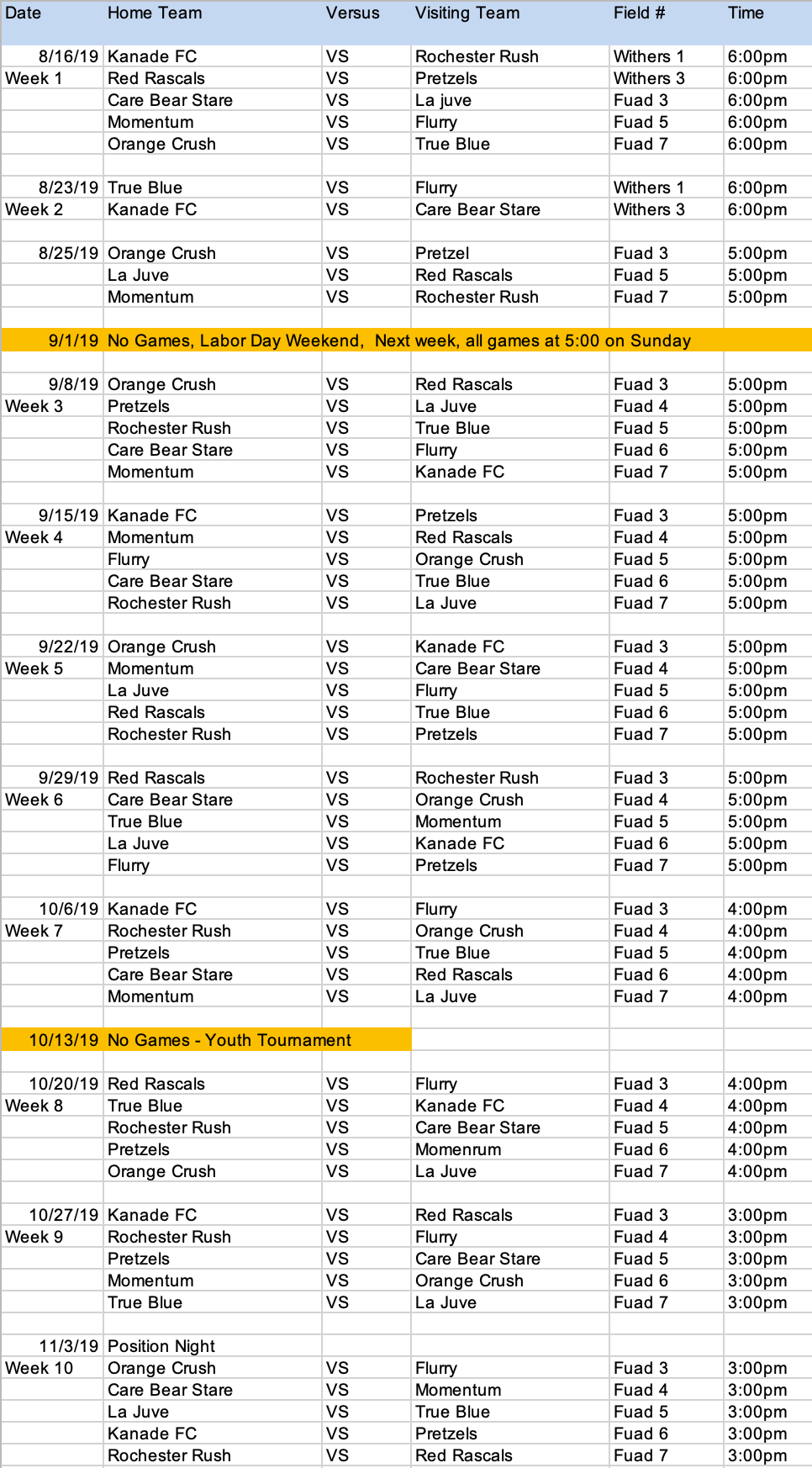 Schedules | Rochester Soccer Club